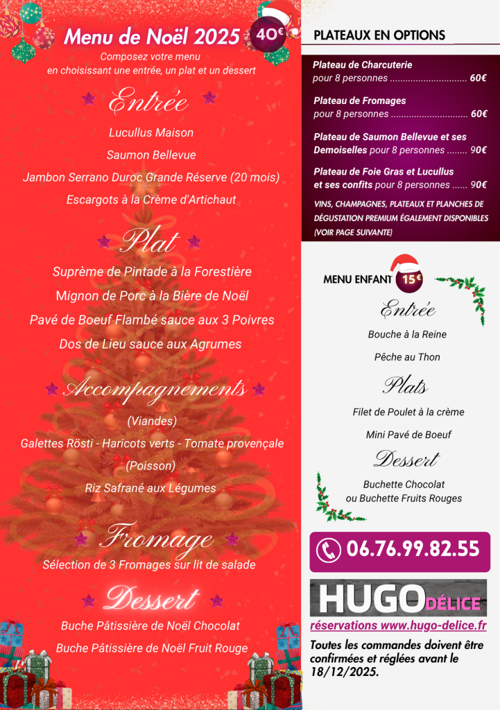 Menu de Noel 2025 Traiteur Hugo Delice Valenciennes Nord Hauts de France