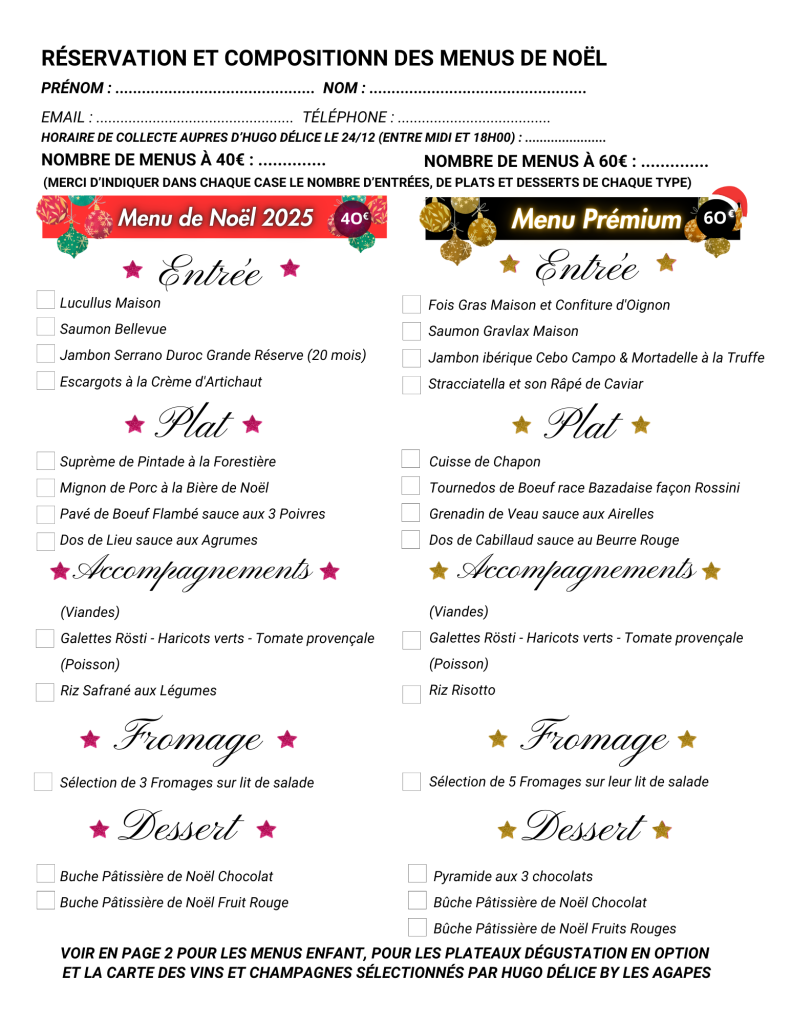 Choix Menus de Noel 2025 Traiteur Hugo Délice Valenciennes Nord Hauts de France Réveillon Repas en Famille