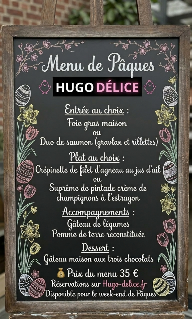 Menu Pâques 2026 dimanche 05 Avril Weekend de Pâques Traiteur Hugo Délice Valenciennes Le Quesnoy Bavay Orsinval
