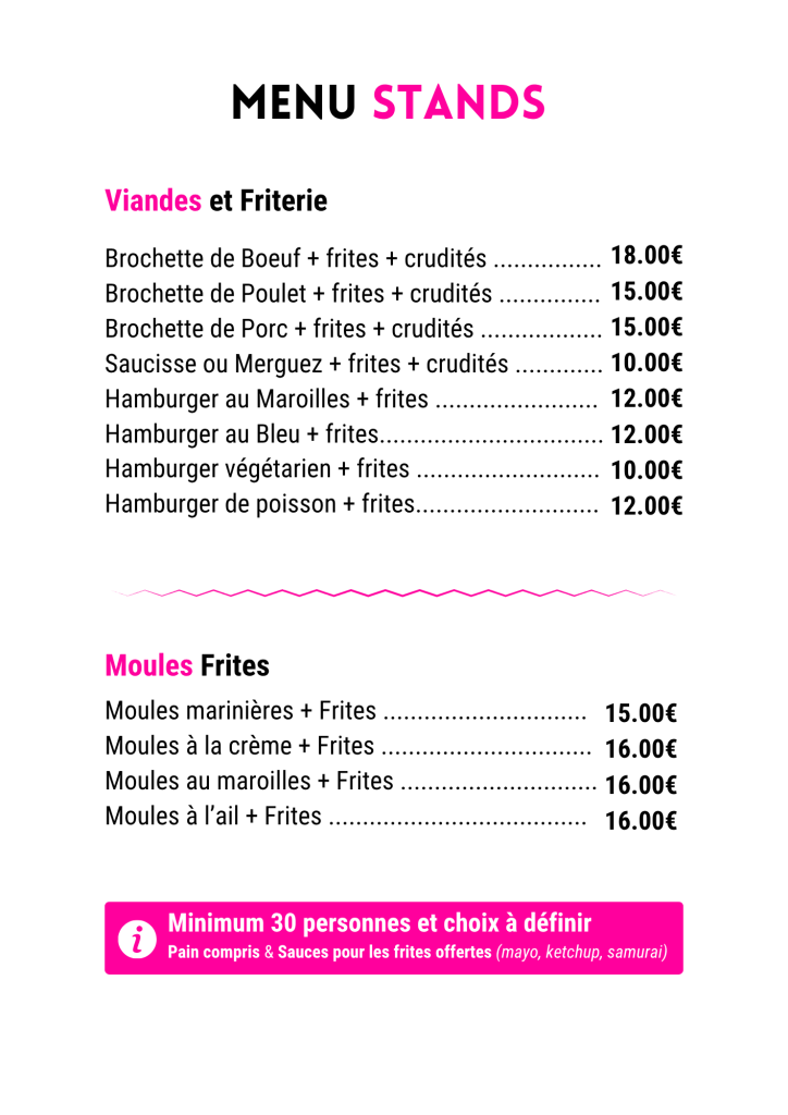Formules Stands friterie rotisserie BBQ brochette de boeuf grillades