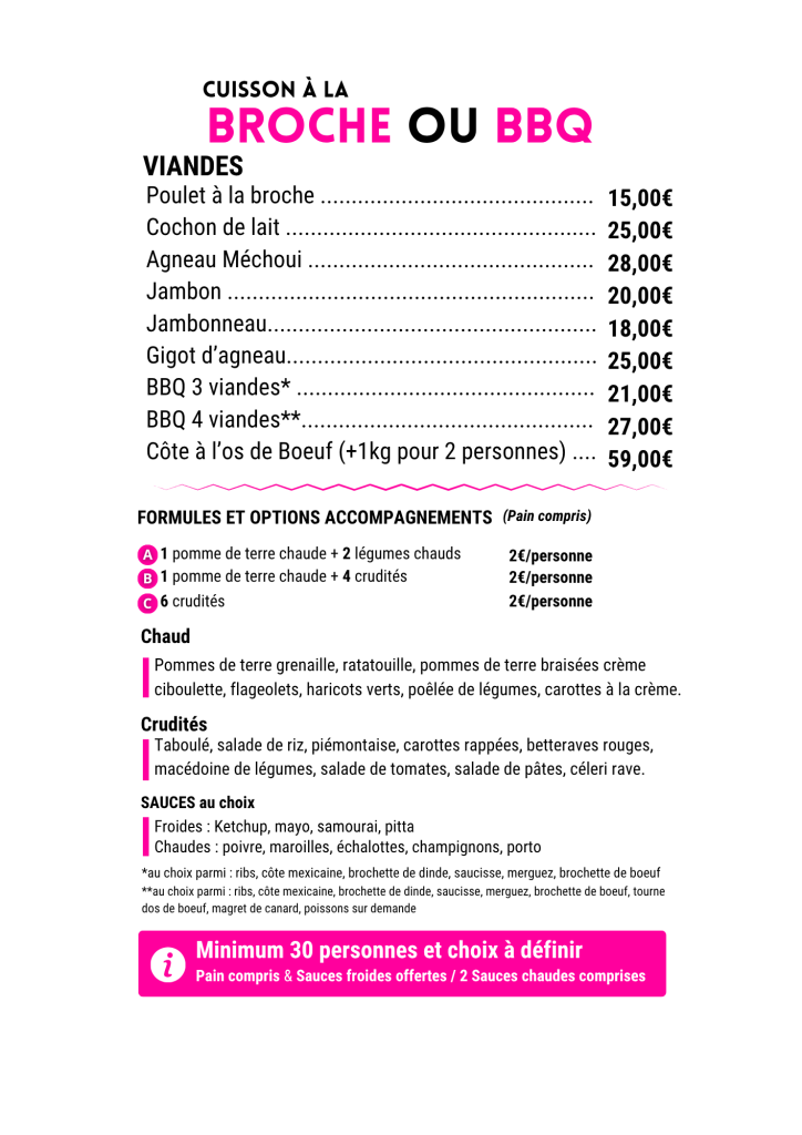 Menu Traiteur spécialisé Méchoui Cuisson à la Broche et BBQ
