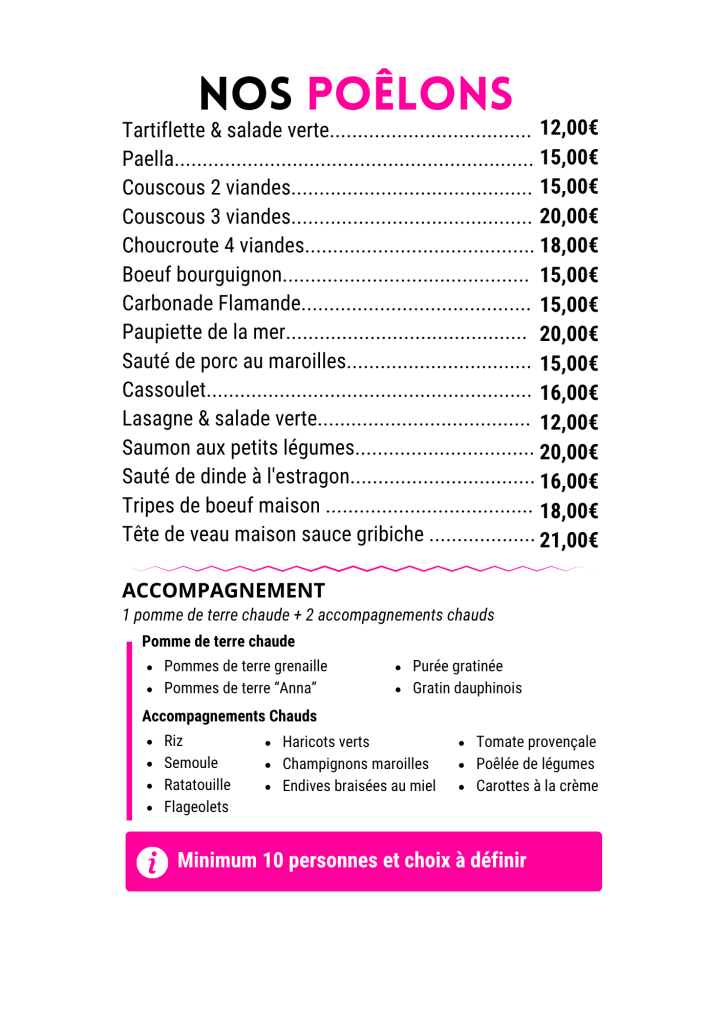 Menu traiteur repas traditionnels, tartiflette, lasagnes, carbonnade flamande, paella et de nombreux autres choix possible