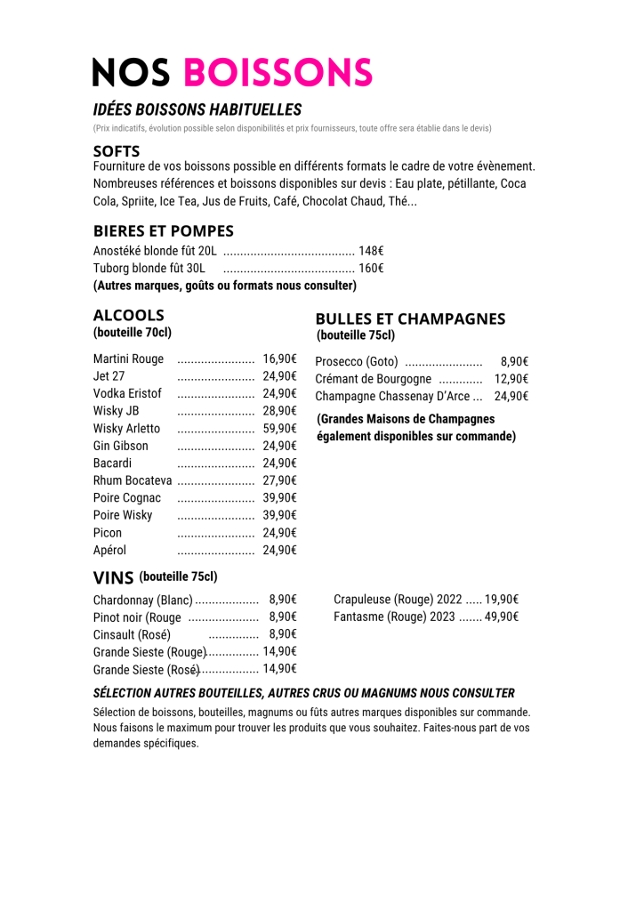Carte des boissons, suggestion, toutes boissons et autres marques disponibles sur demande