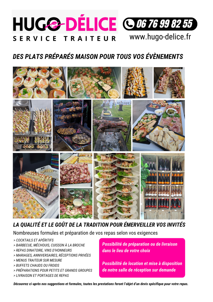 Nos plats avec des formules variées, en livraison ou sur place, possibilité de location de notre salle des fêtes pour votre réception