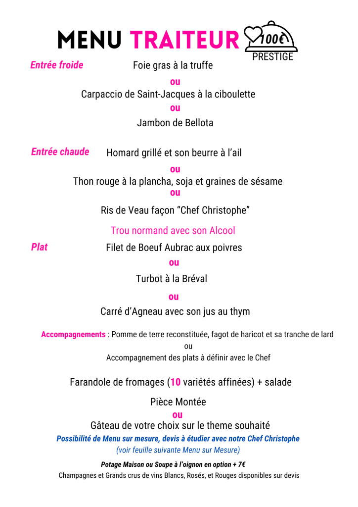 Menu traiteur Prestige 100€, prestation de luxe, pour mariage haut de gamme dans le Nord (59)