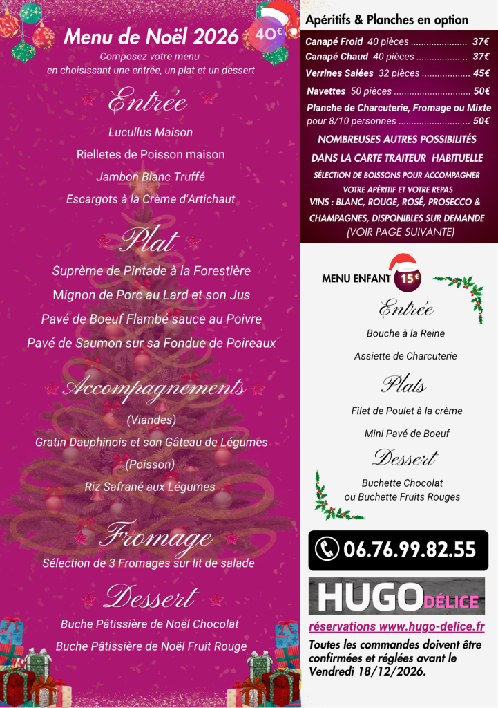 Offre Traiteur NORD Menu 40€ Meilleur traiteur Valenciennes Lille pour repas de Noel 24/12 et 25/12 2026