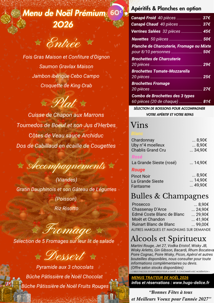 Offre Menu TRAITEUR NORD 60€ Premium pour NOEL 2026